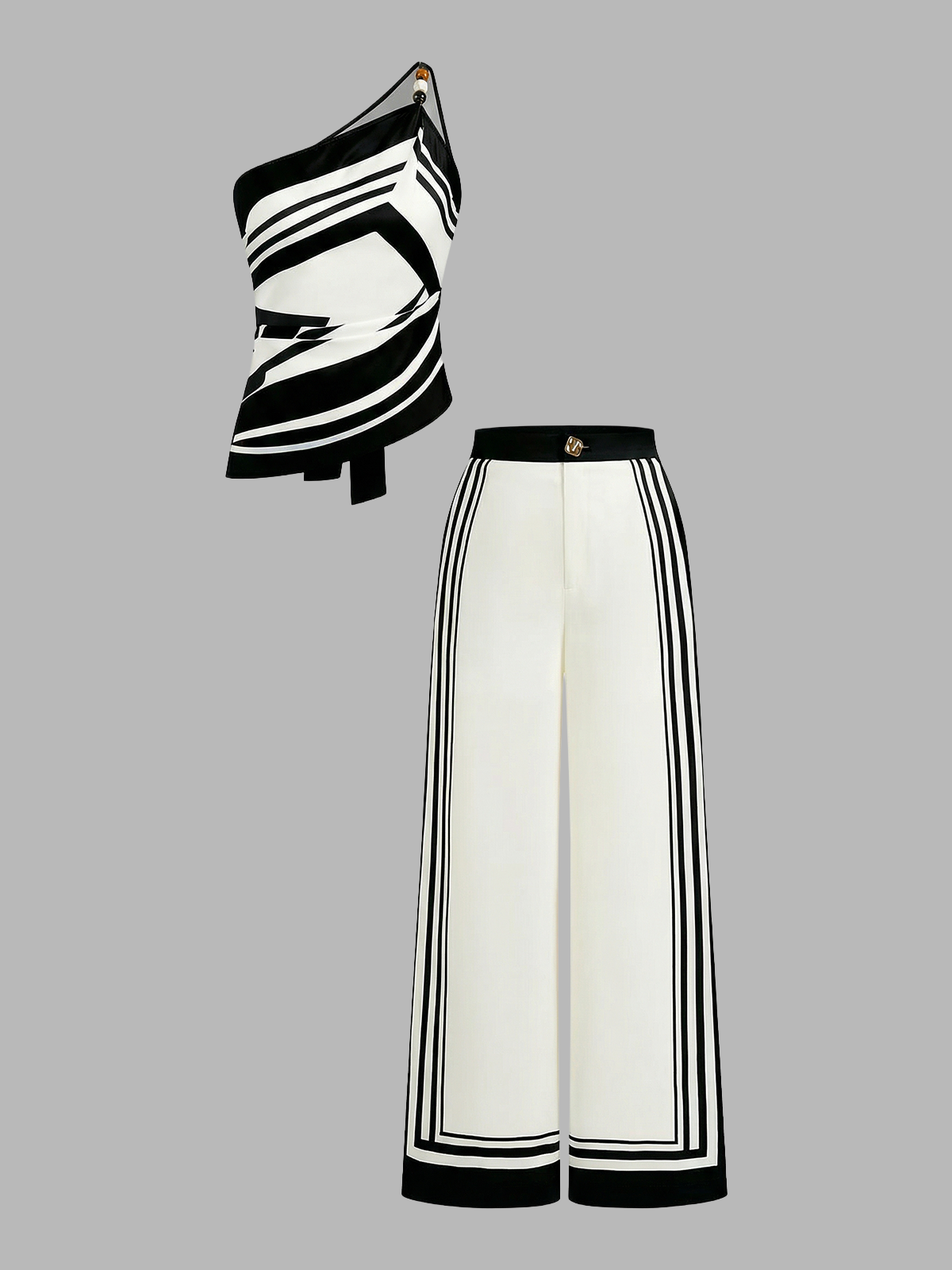 Bedrucktes One-Shoulder-Satin-Top & Hosen-Set