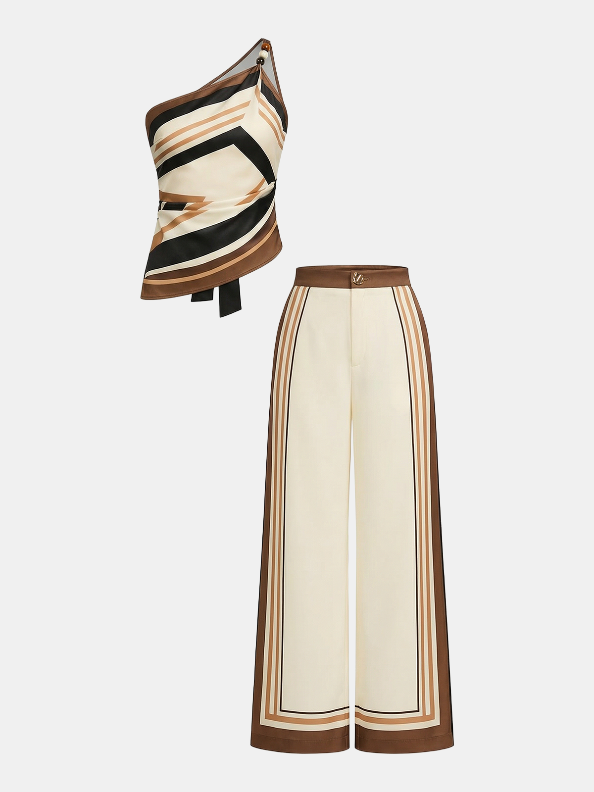 Bedrucktes One-Shoulder-Satin-Top & Hosen-Set