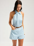 Linen Blend Halter Top & Belted Shorts Set
