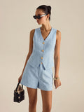 Strukturierte Metallknopf-Weste & Shorts-Set