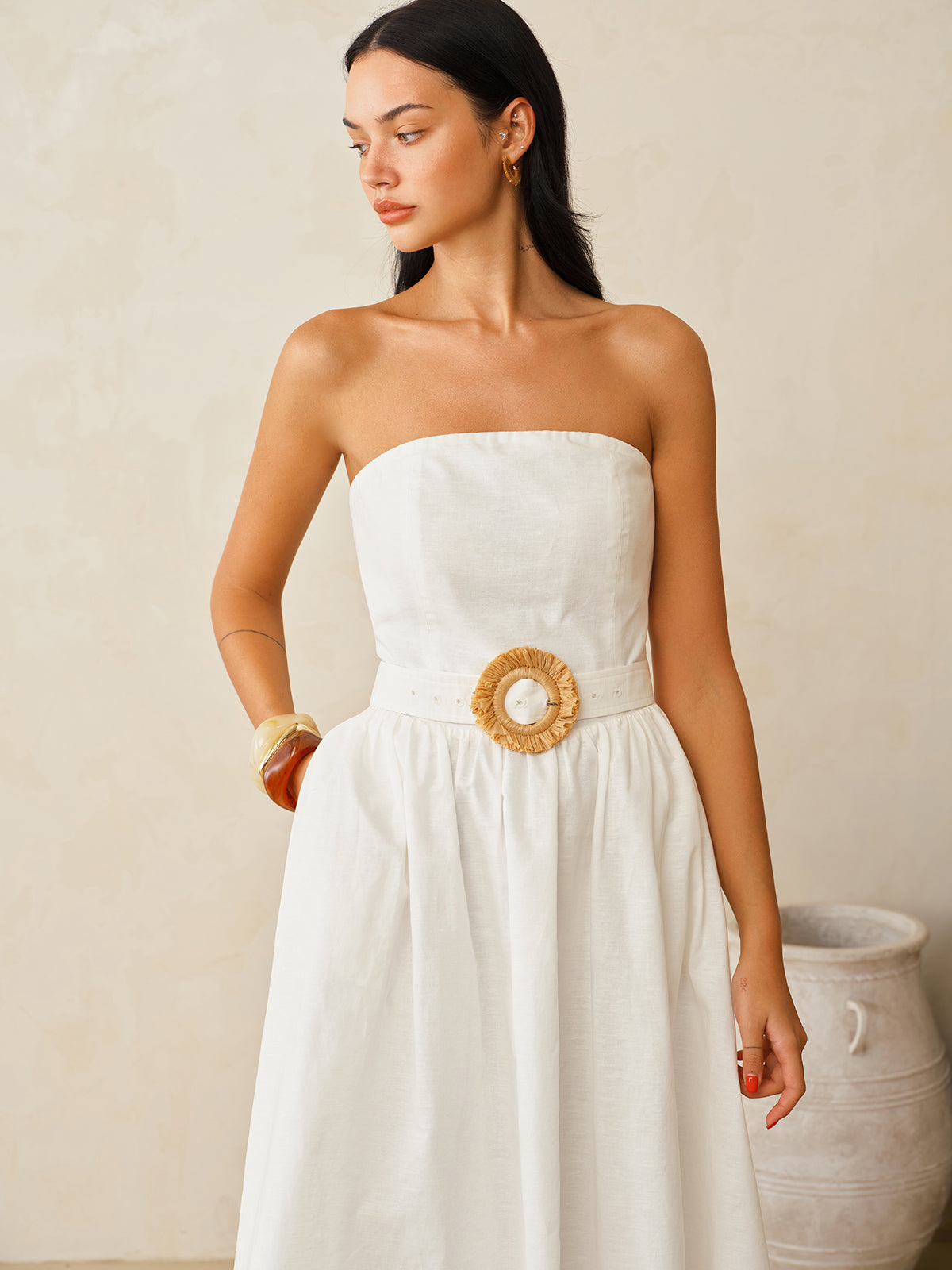 Trägerloses Maxi-Kleid aus Baumwollleinen mit Gürtel