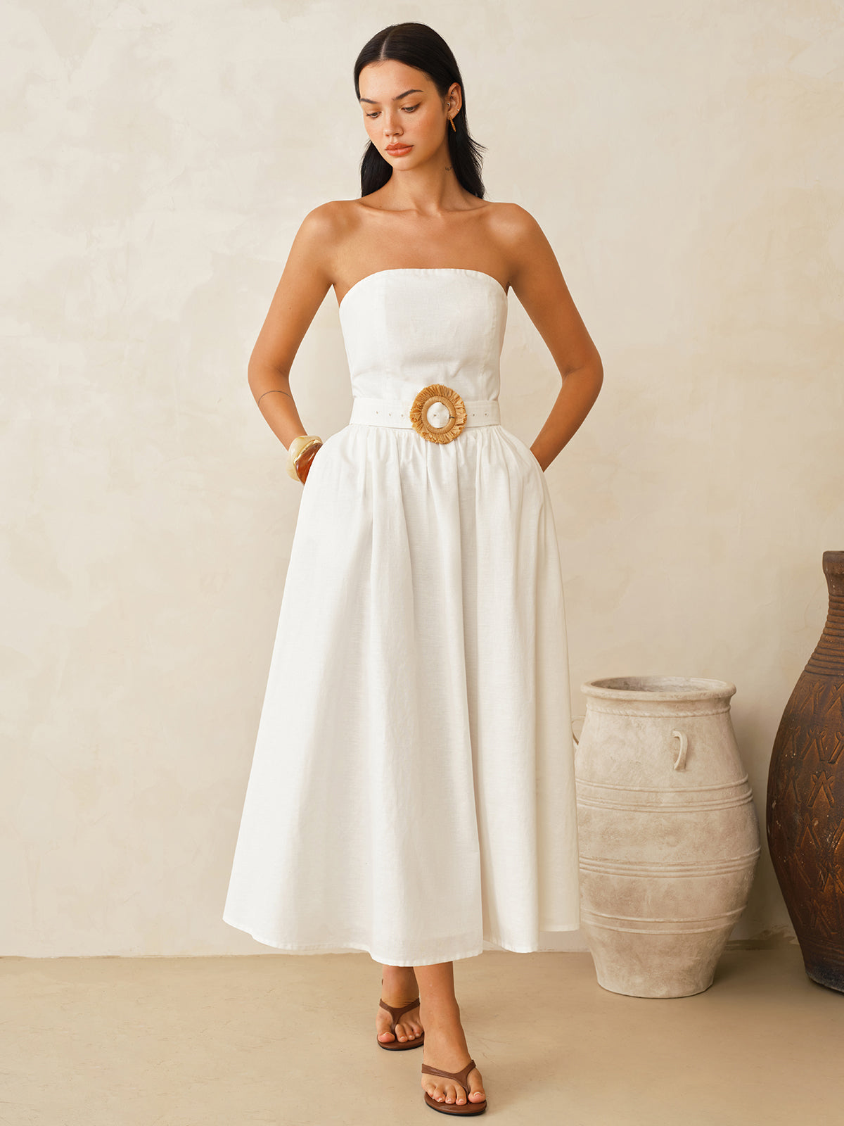 Trägerloses Maxi-Kleid aus Baumwollleinen mit Gürtel