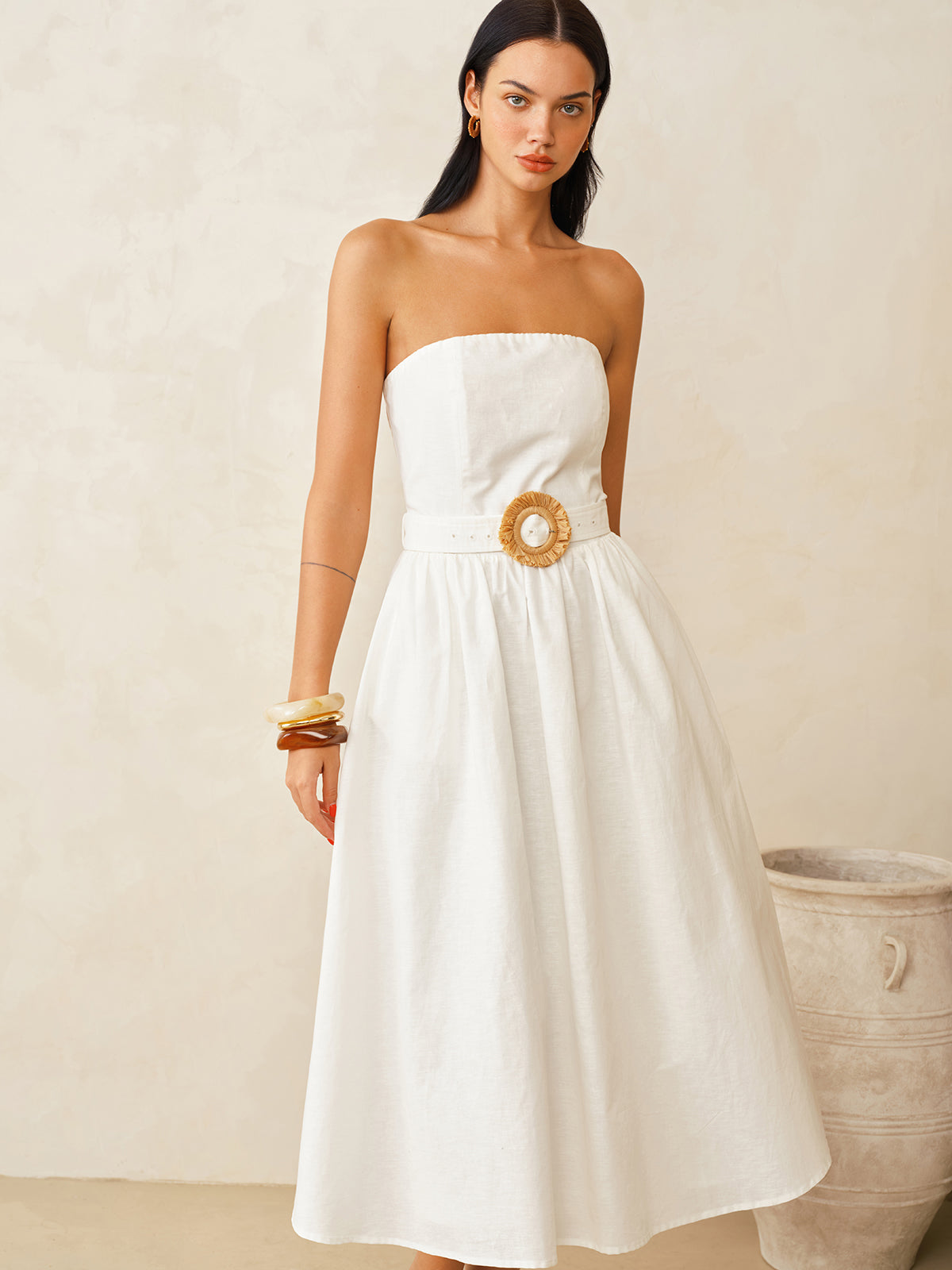 Trägerloses Maxi-Kleid aus Baumwollleinen mit Gürtel