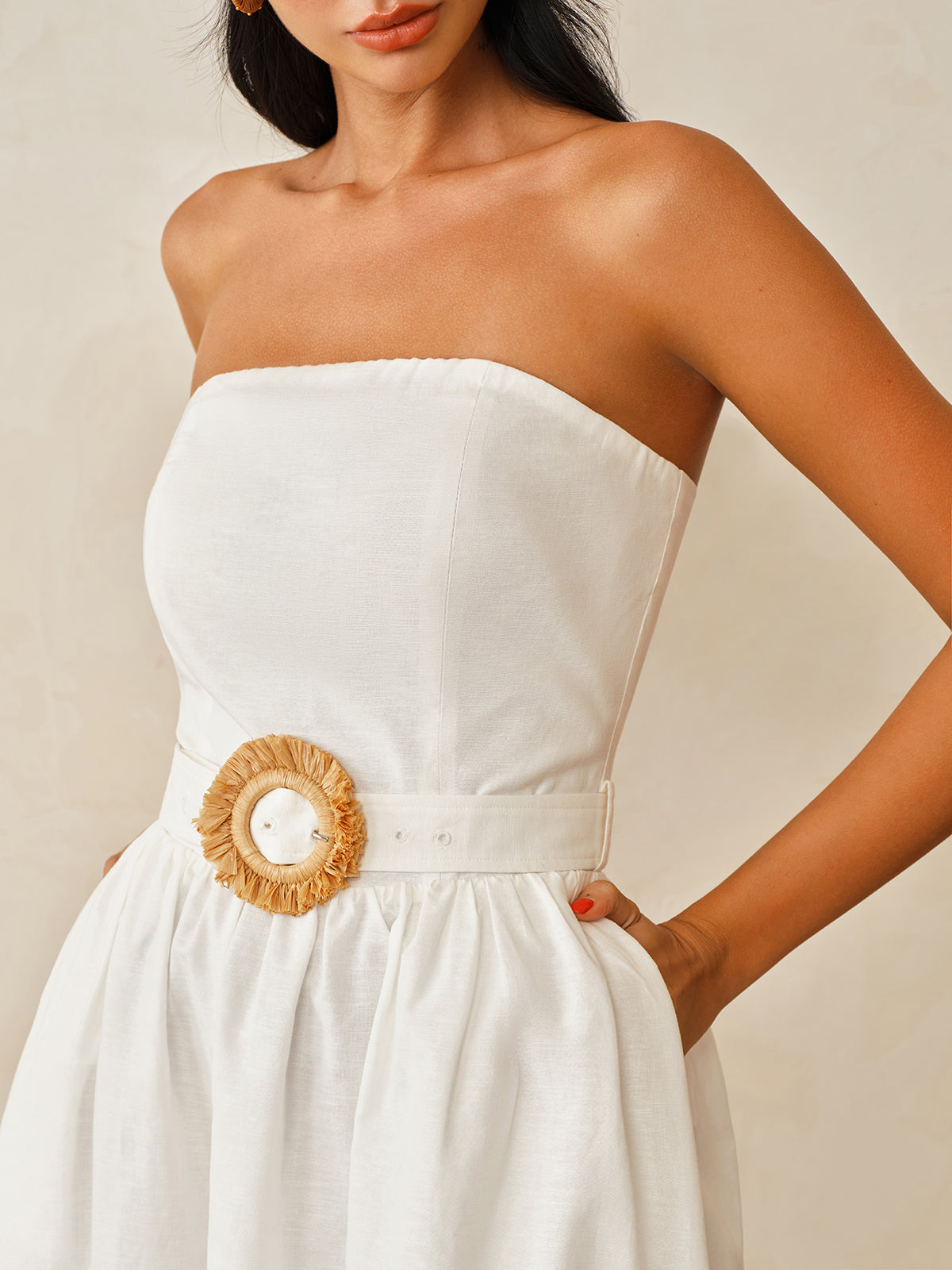 Trägerloses Maxi-Kleid aus Baumwollleinen mit Gürtel