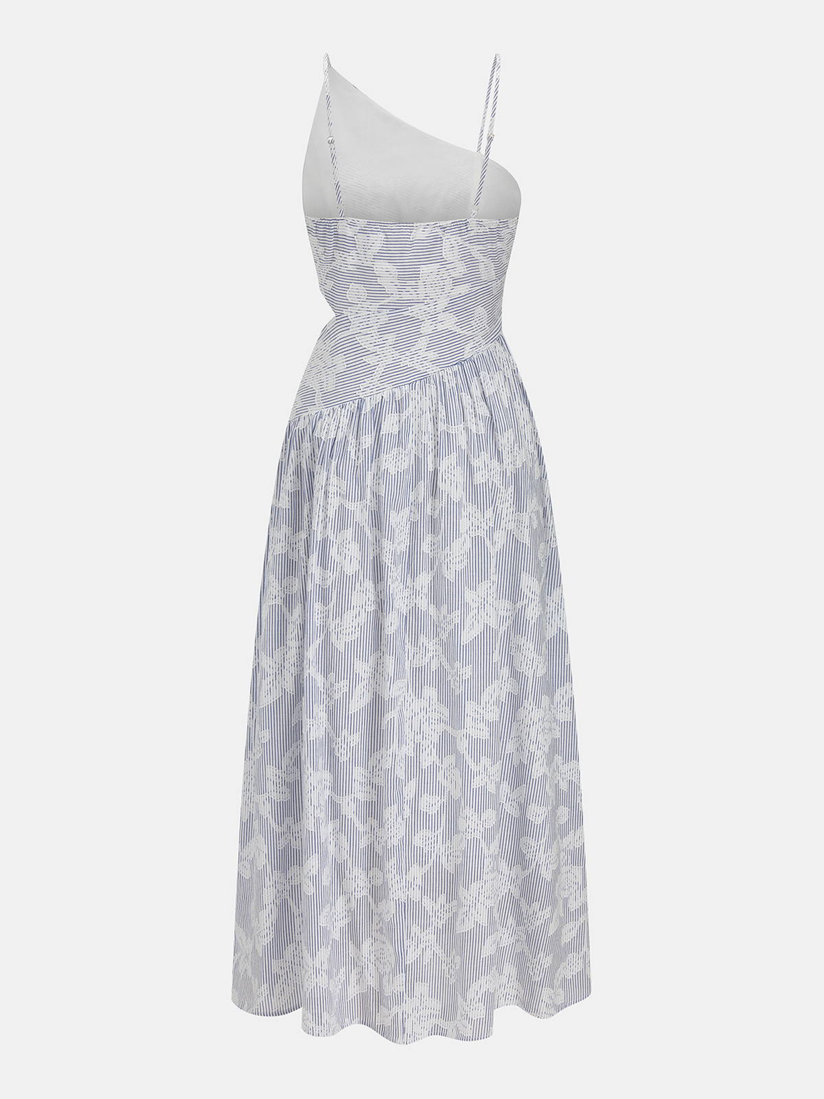 Robe longue asymétrique brodée de fleurs et rayée
