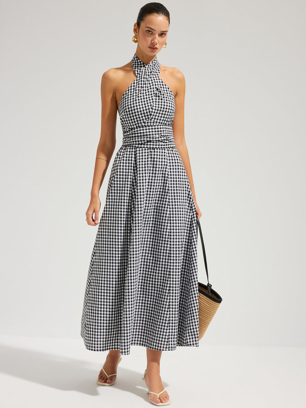 Robe longue en coton à licou et à carreaux vichy