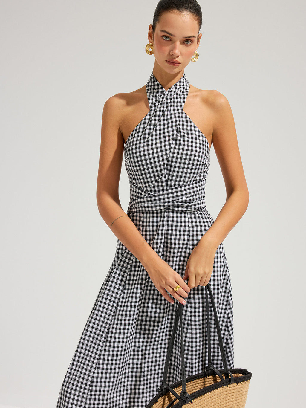 Robe longue en coton à licou et à carreaux vichy
