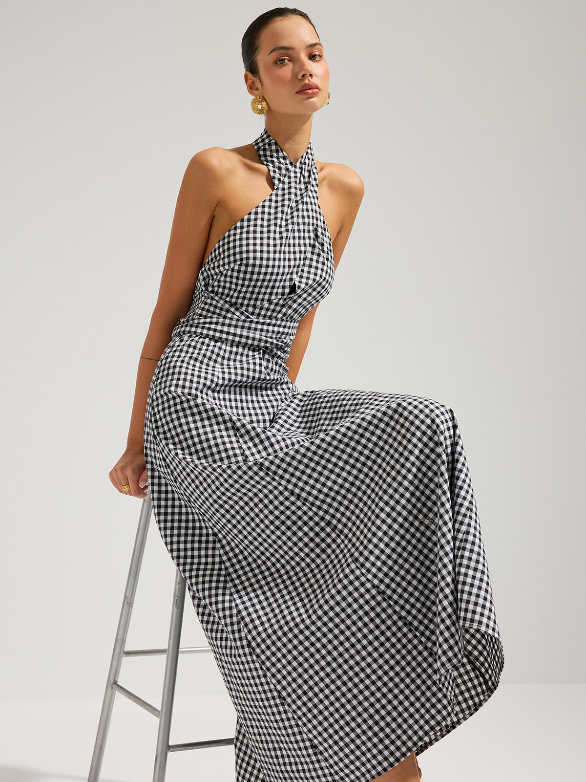 Robe longue en coton à licou et à carreaux vichy