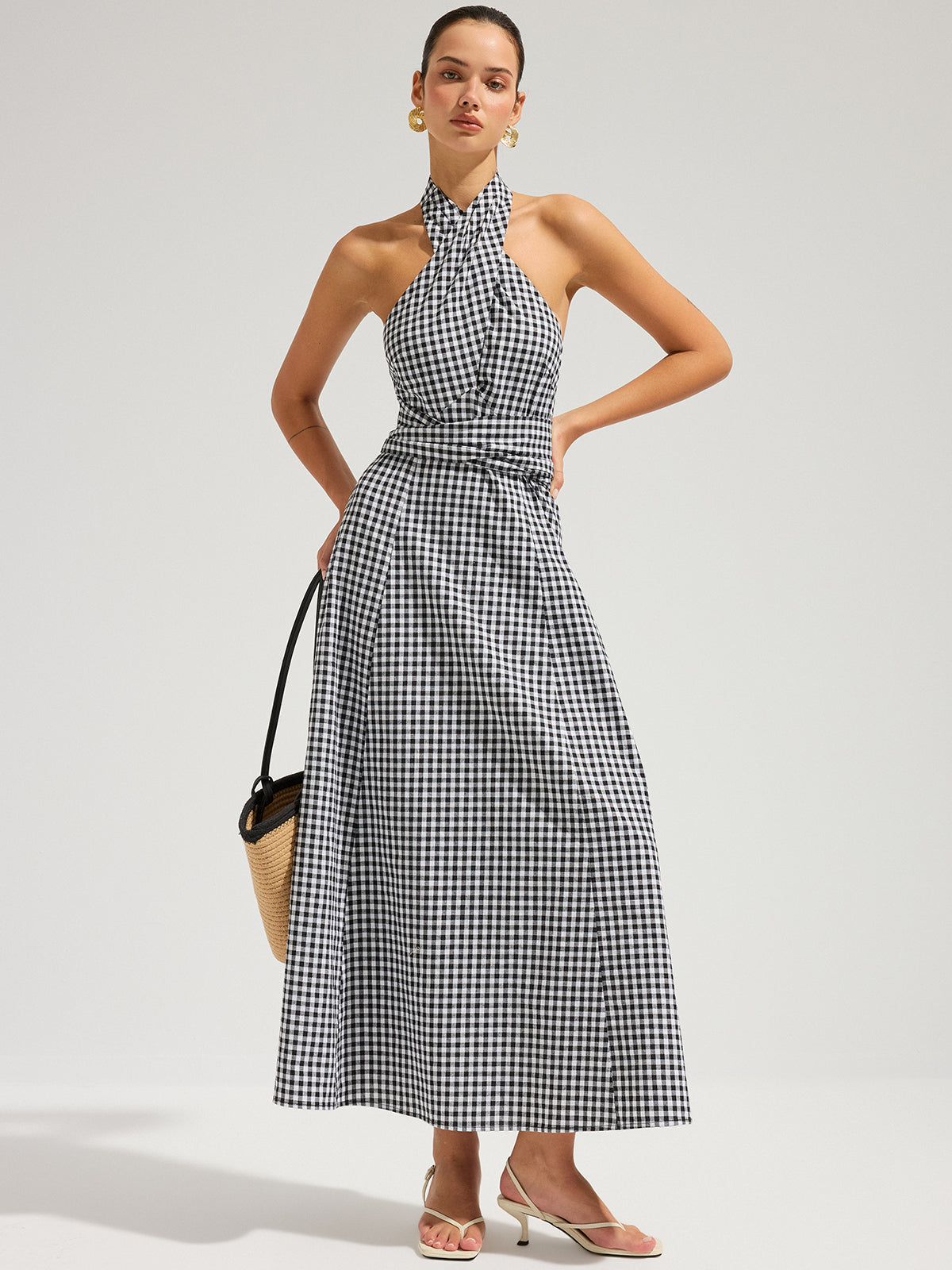 Gingham-Maxikleid aus Baumwolle mit Neckholder