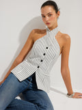 Gilet court boutonné en coton rayé