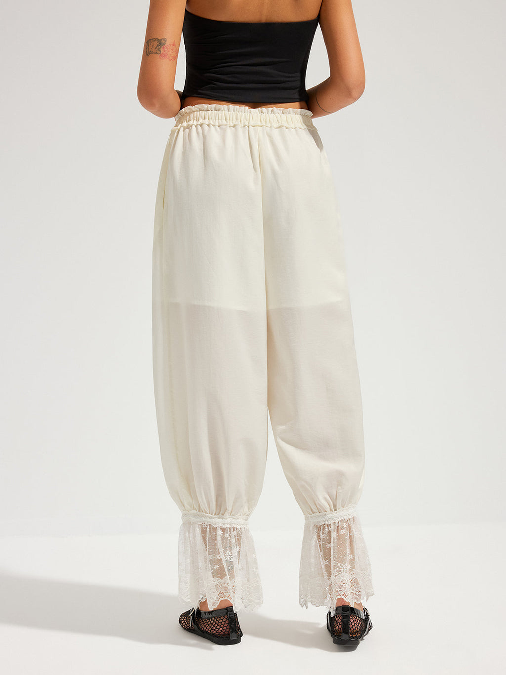 Pantalon Sarouel à Cordon de Serrage et Poignets en Dentelle