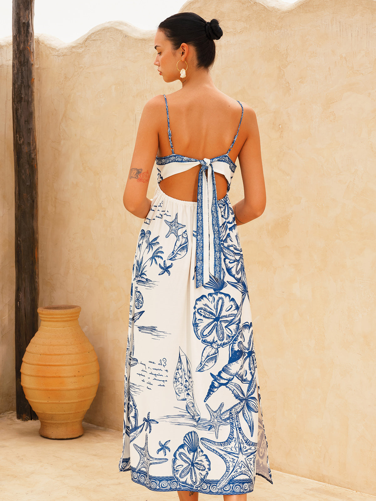 Robe longue camisole fendue sur le côté à imprimé étoile de mer