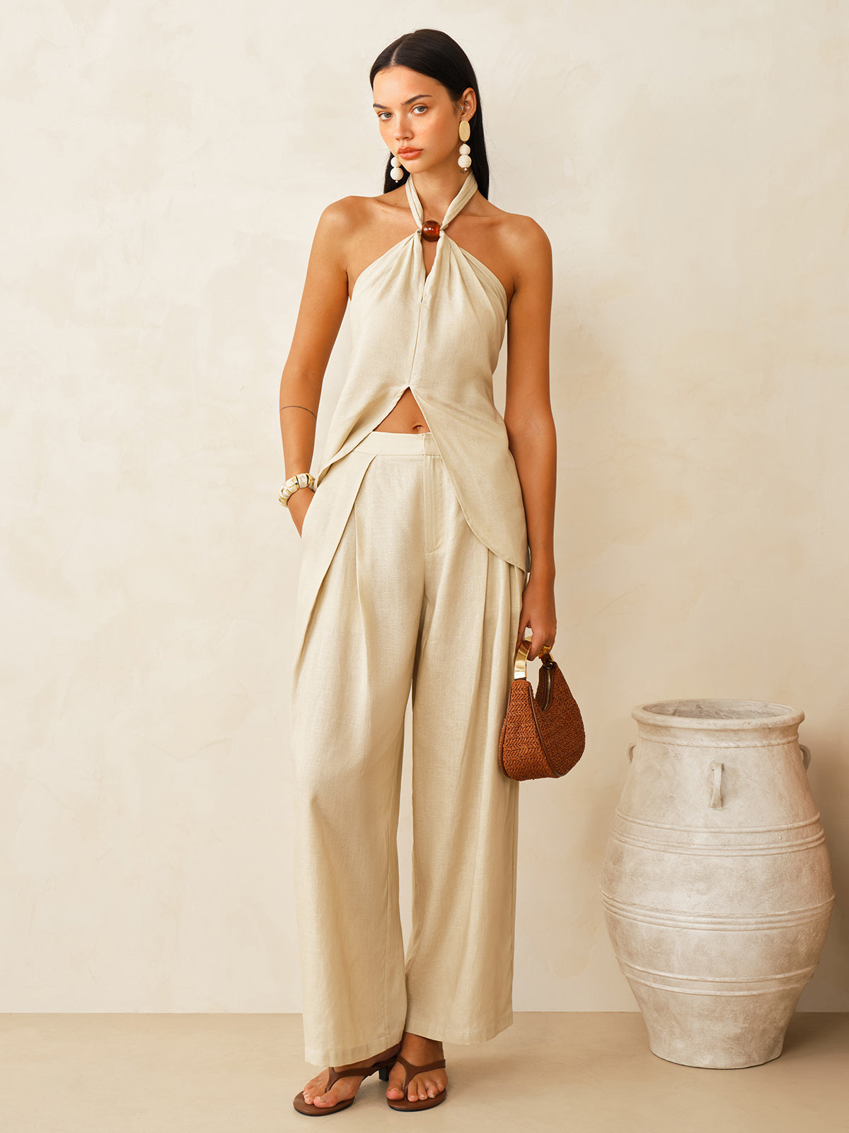 Leinenmischgewebe-Neckholder-Top und Hose Set