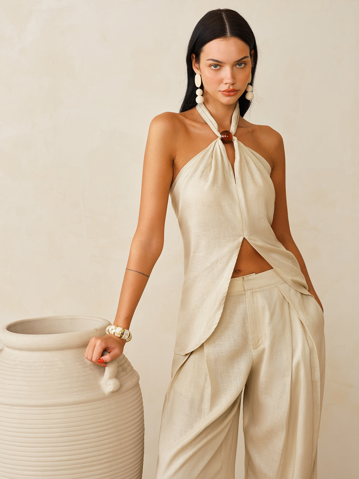 Leinenmischgewebe-Neckholder-Top und Hose Set
