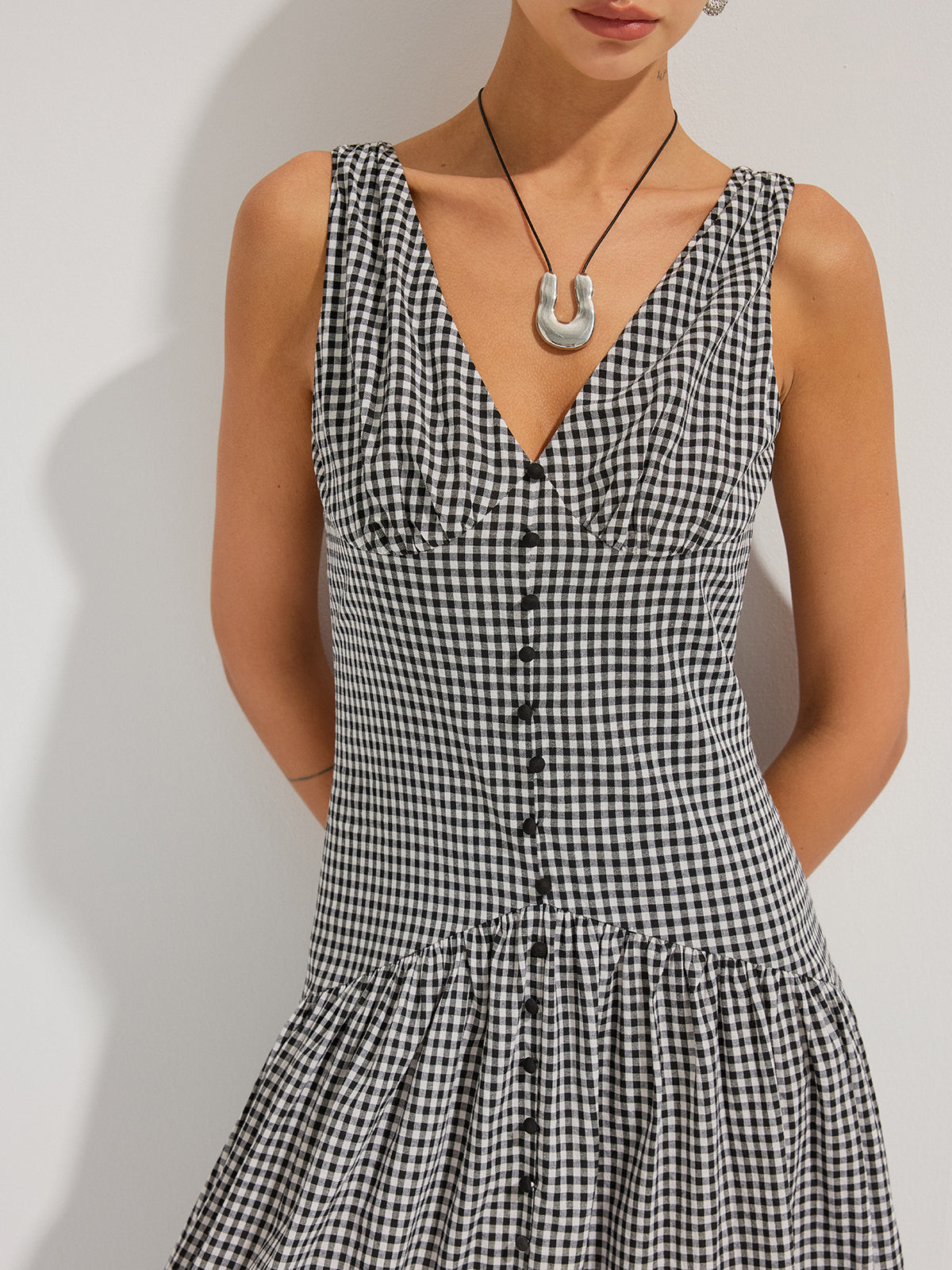 Robe longue sans manches en coton à col en V et à carreaux vichy
