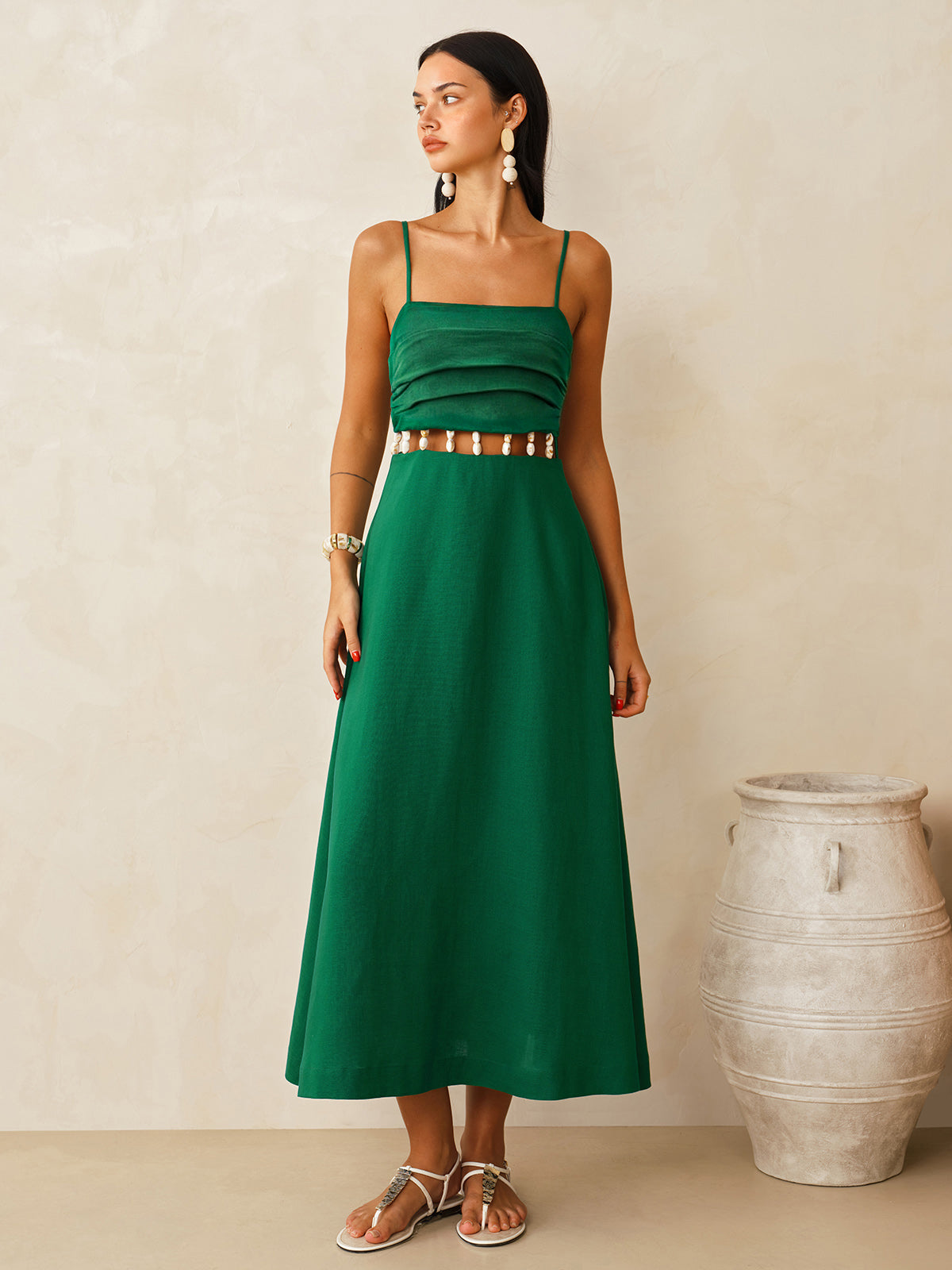Midi-Kleid mit Camisole, Leinengemisch und Cut-Out an der Taille