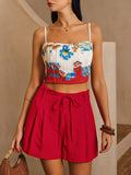 Ensemble top caraco plissé à imprimé floral et short ceinturé