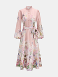 Floral Print Belted Puffed Sleeve Maxi Dress