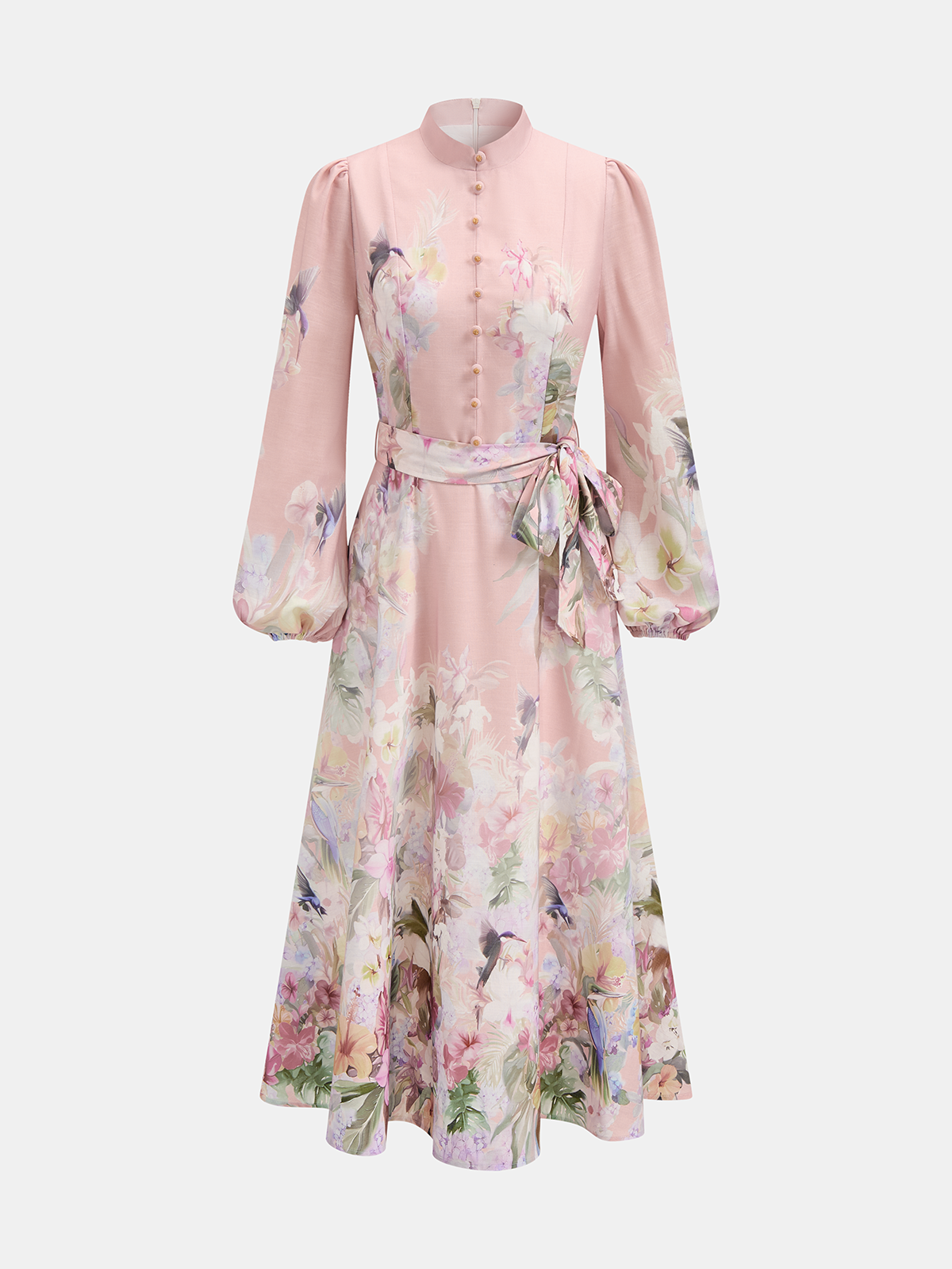 Robe longue à imprimé floral, manches bouffantes et ceinture