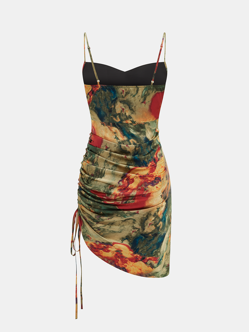 Minikleid mit gerafftem Kordelzug und abstrakten Print