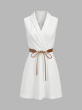 Belted Wrap Linen Blend Sleeveless Mini Dress