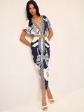 Printed V-Neck Top & Ruched Midi Skirt Set