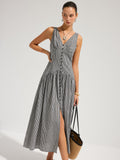 Ärmelloses Maxi-Kleid mit V-Ausschnitt aus Gingham-Baumwolle