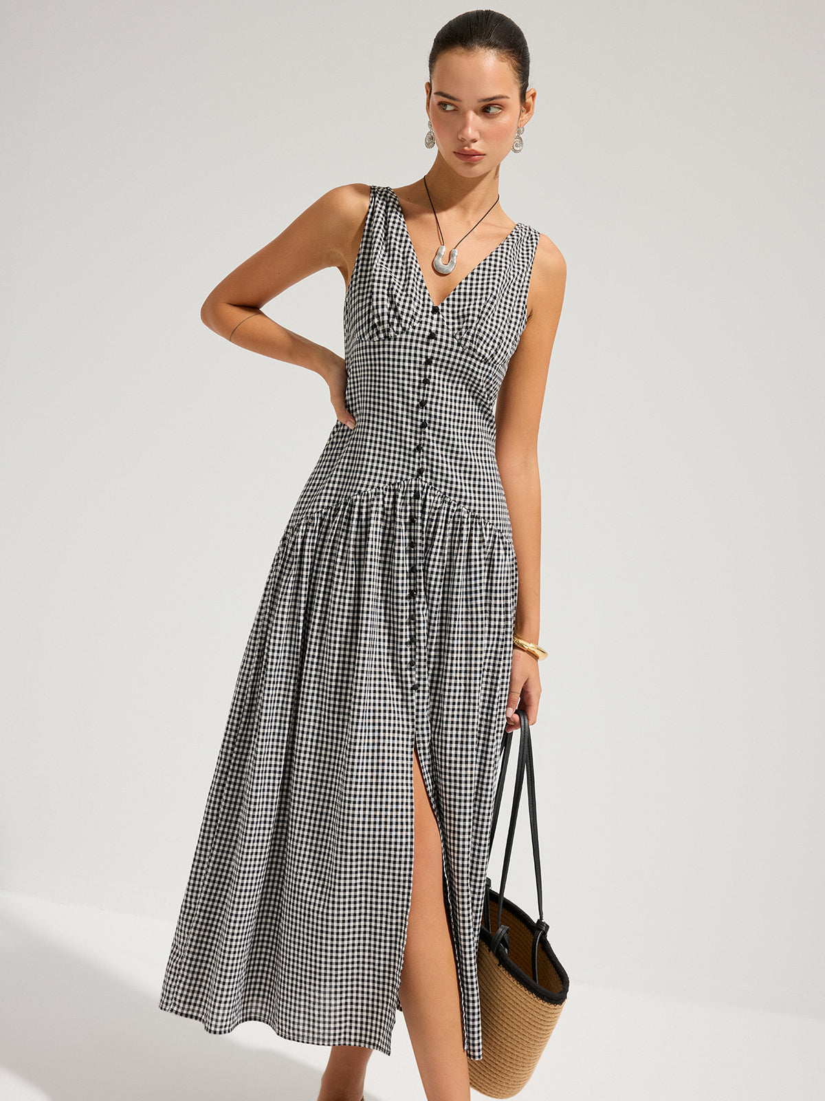 Robe longue sans manches en coton à col en V et à carreaux vichy