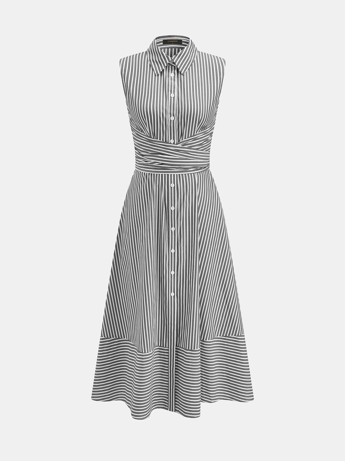 Robe midi sans manches rayée à col et ceinture à nouer