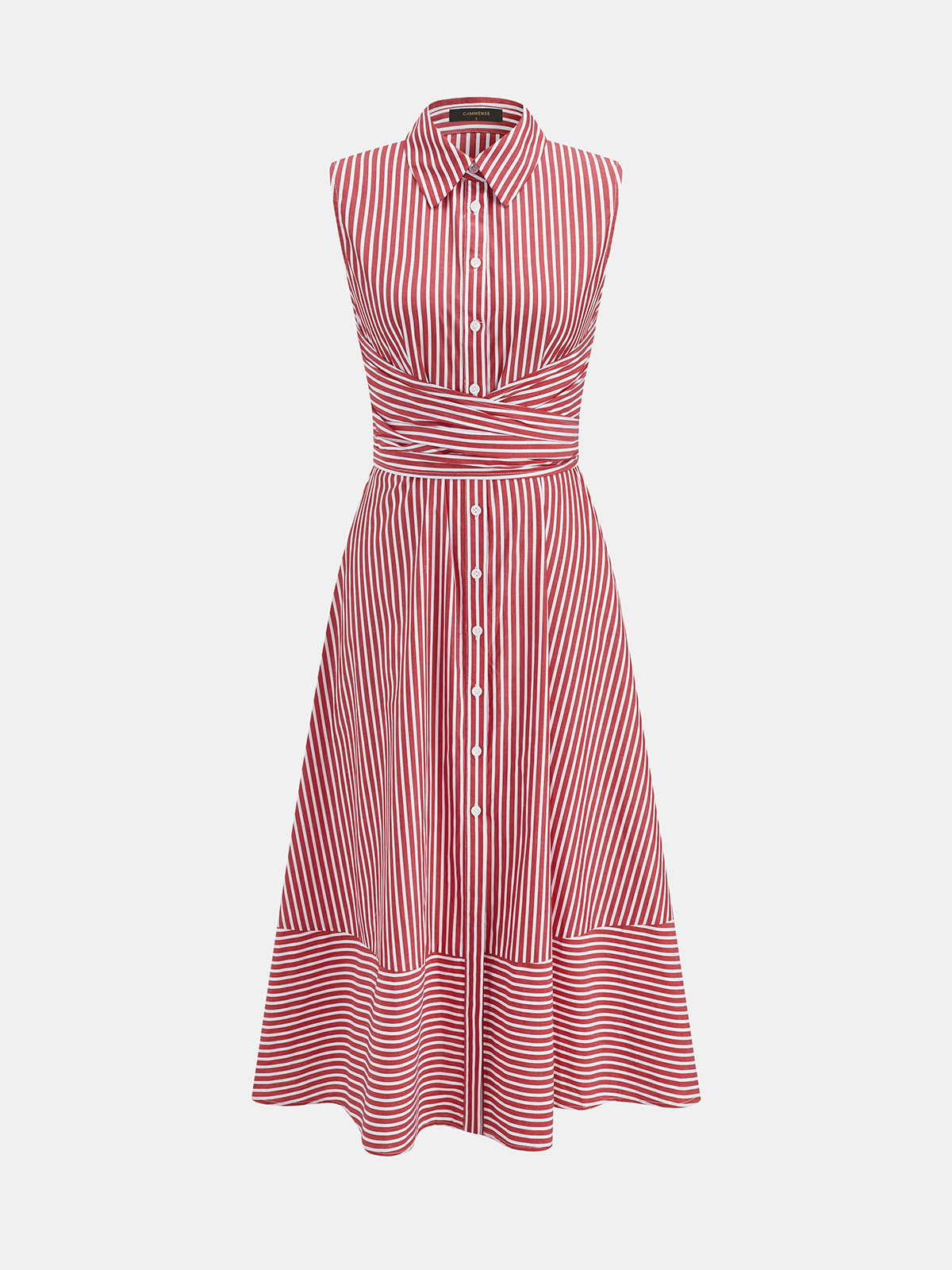Robe midi sans manches rayée à col et ceinture à nouer