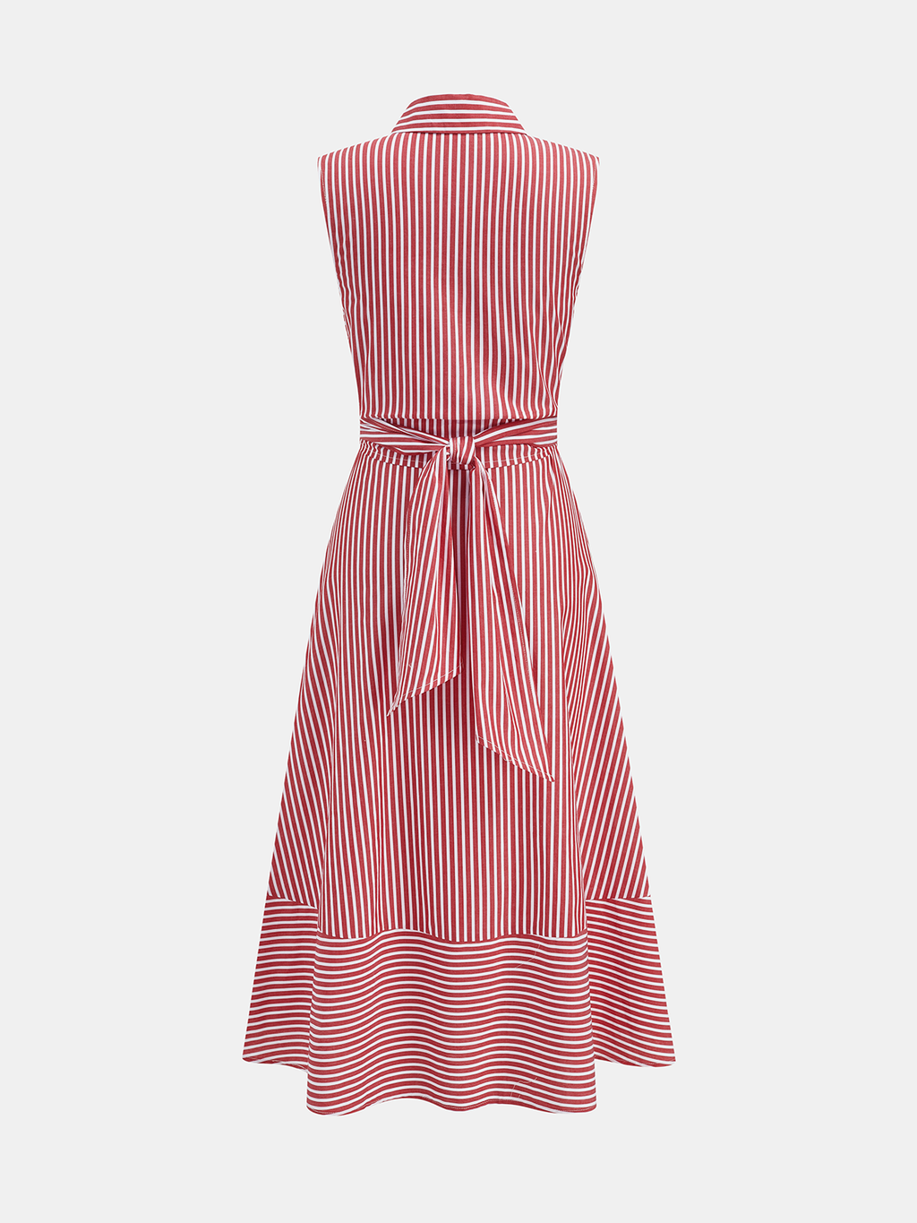 Robe midi sans manches rayée à col et ceinture à nouer
