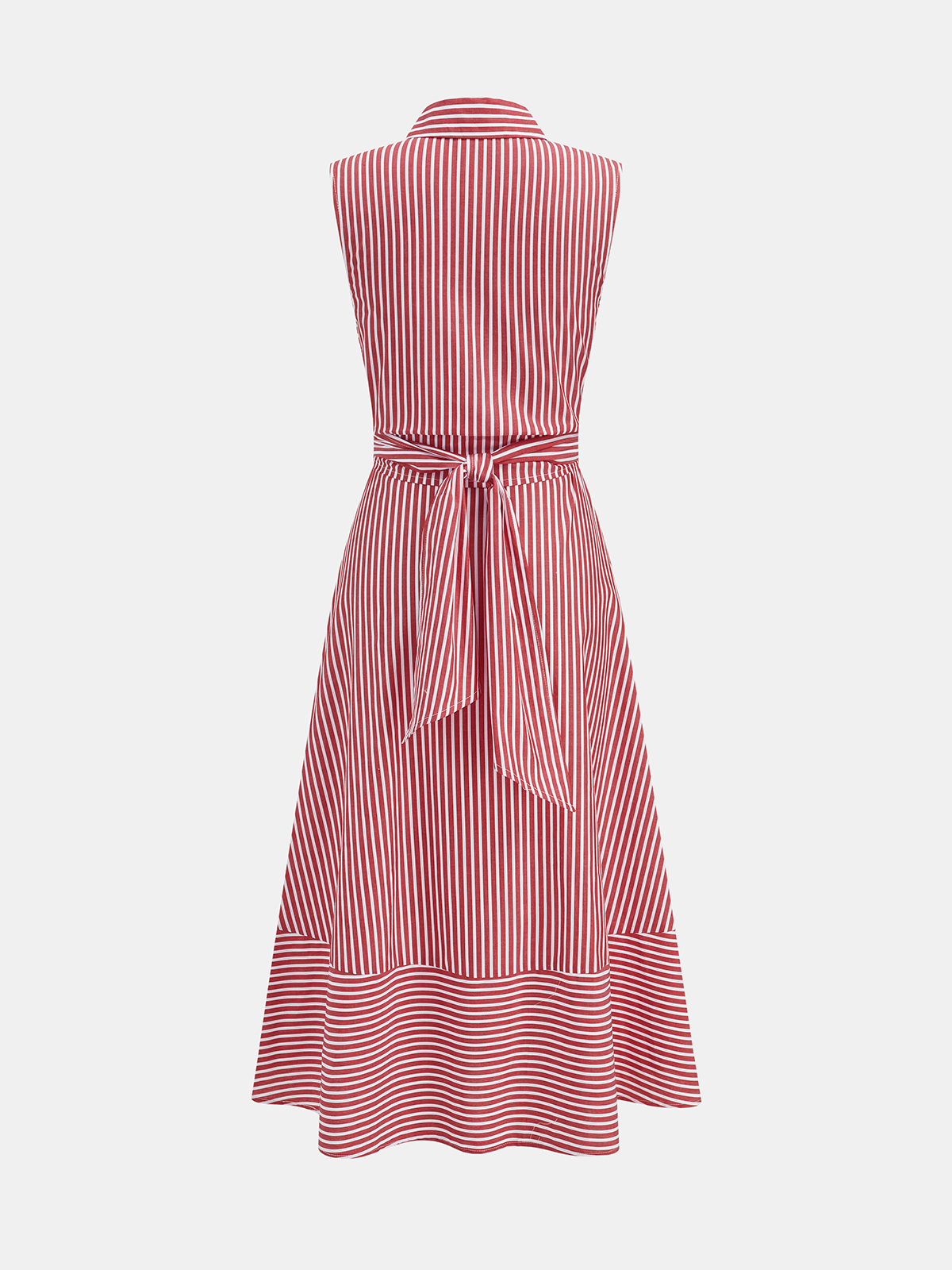 Robe midi sans manches rayée à col et ceinture à nouer