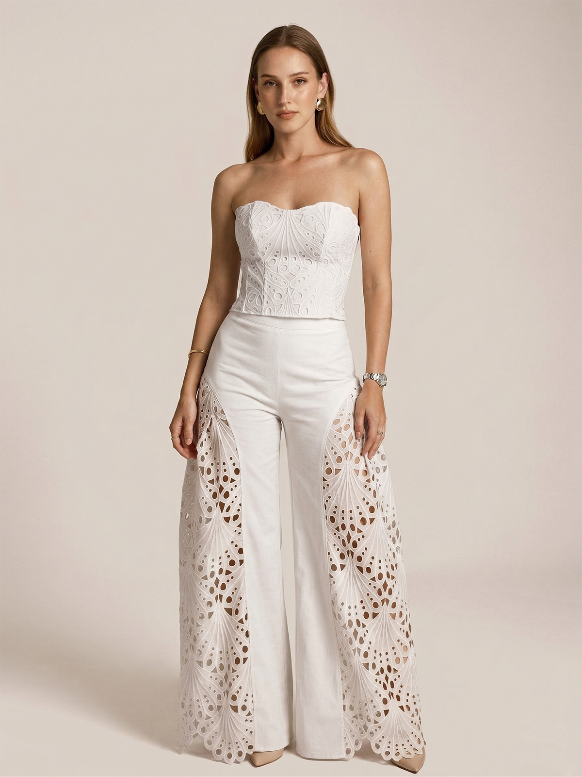 Strapless Eyelet Top & Wide Leg Pants Set