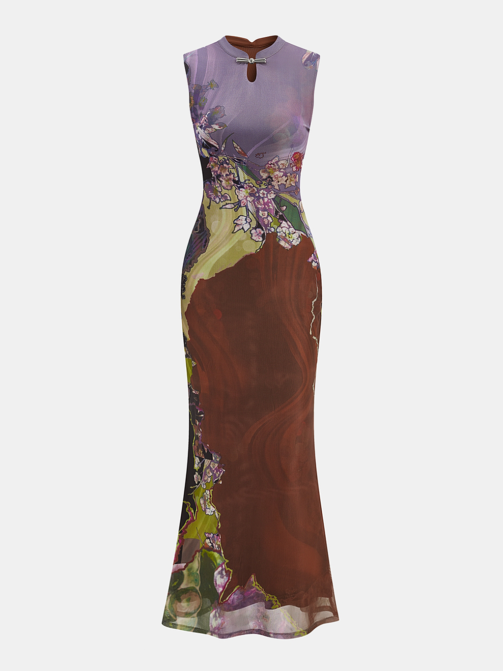 Sleeveless Floral Cheongsam Maxi Dress