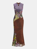 Sleeveless Floral Cheongsam Maxi Dress