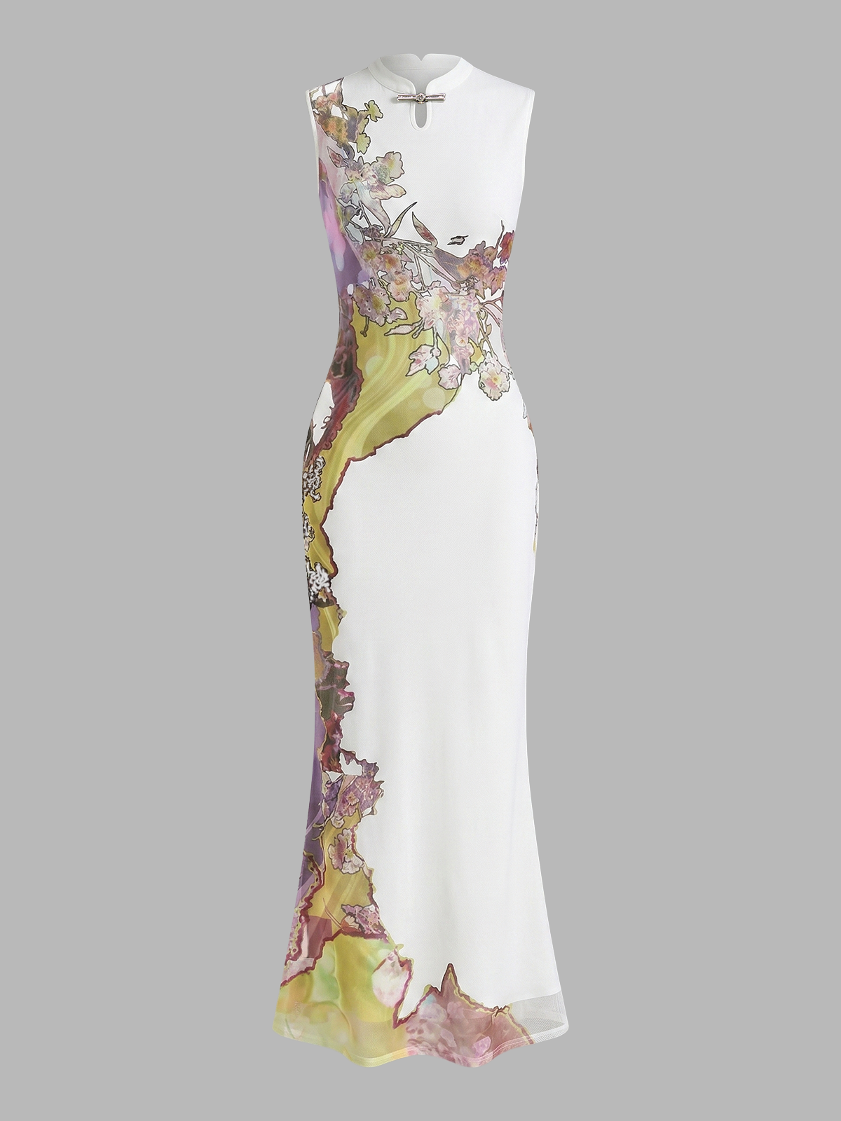 Robe longue Qipao fleurie sans manches