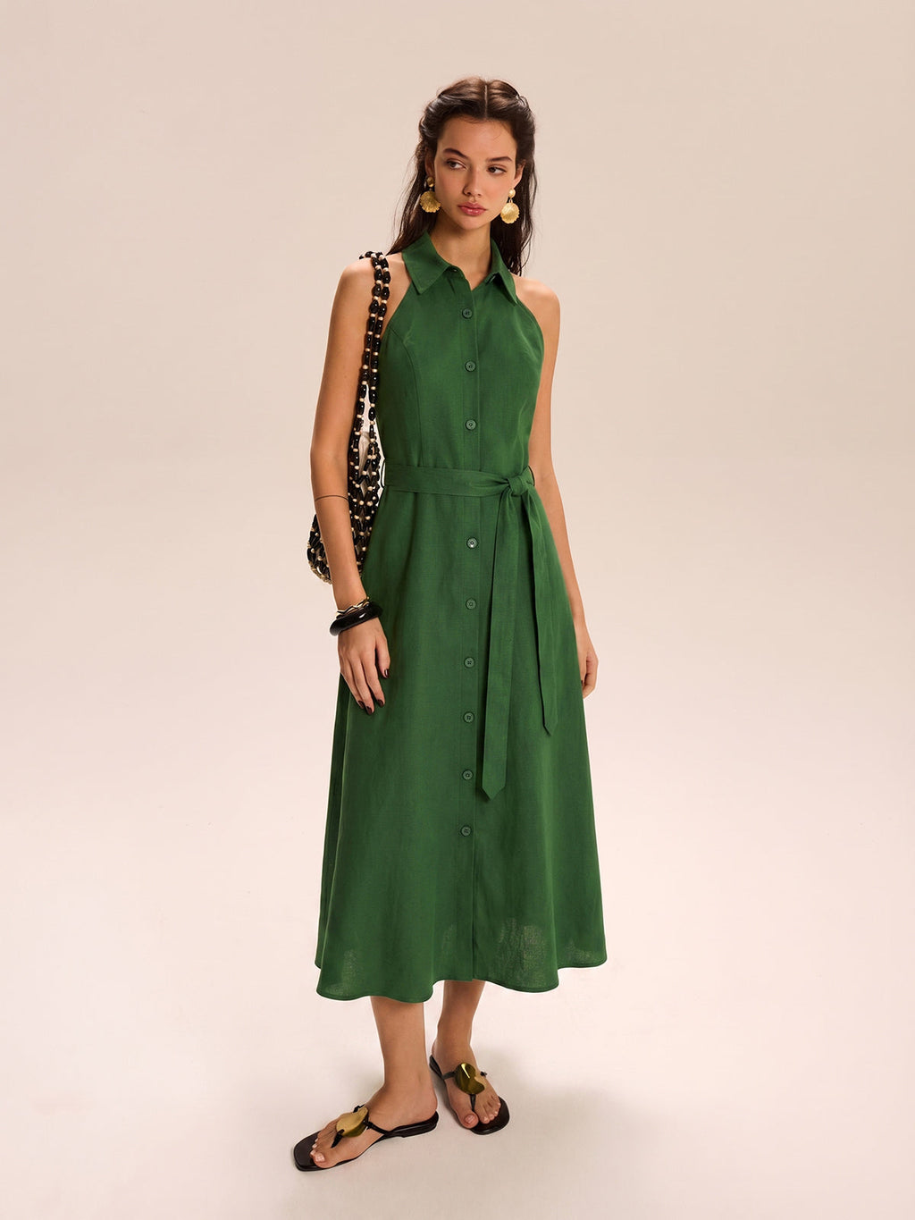Robe longue sans manches en coton et lin avec ceinture