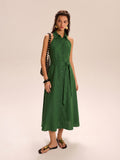 Robe longue sans manches en coton et lin avec ceinture