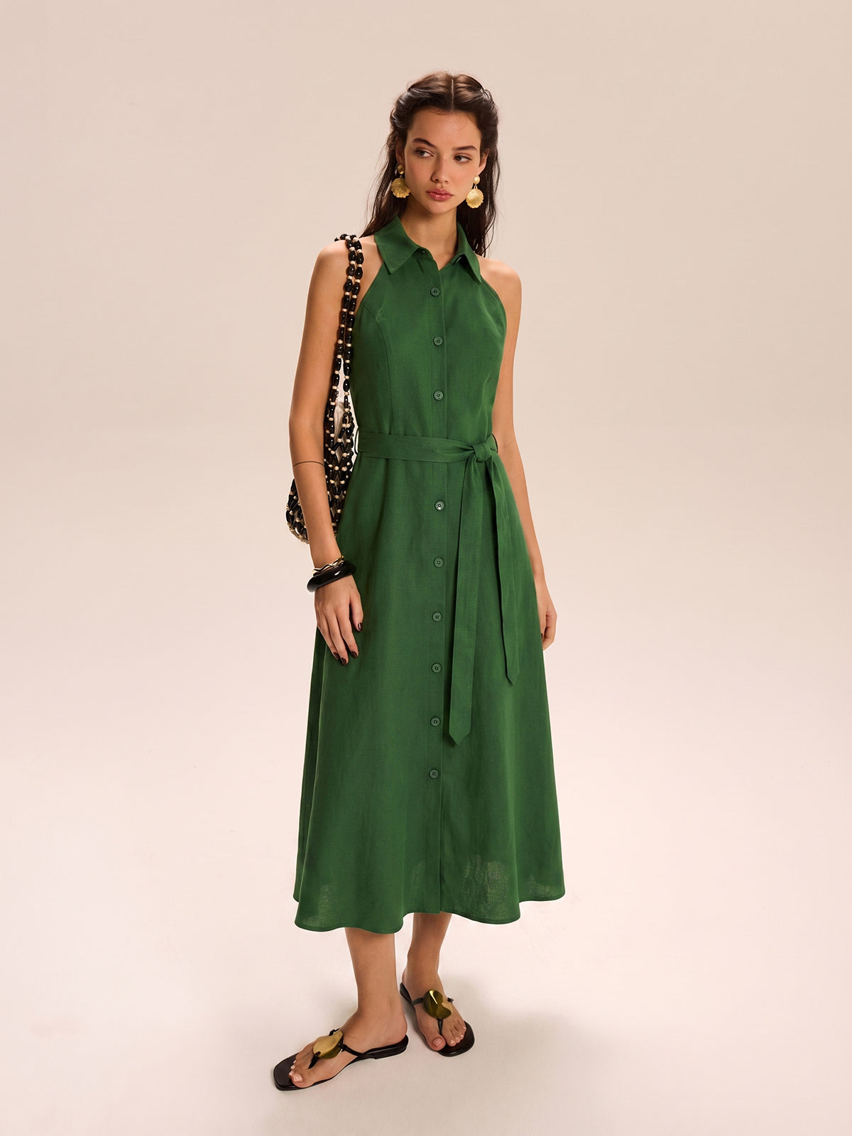 Robe longue sans manches en coton et lin avec ceinture