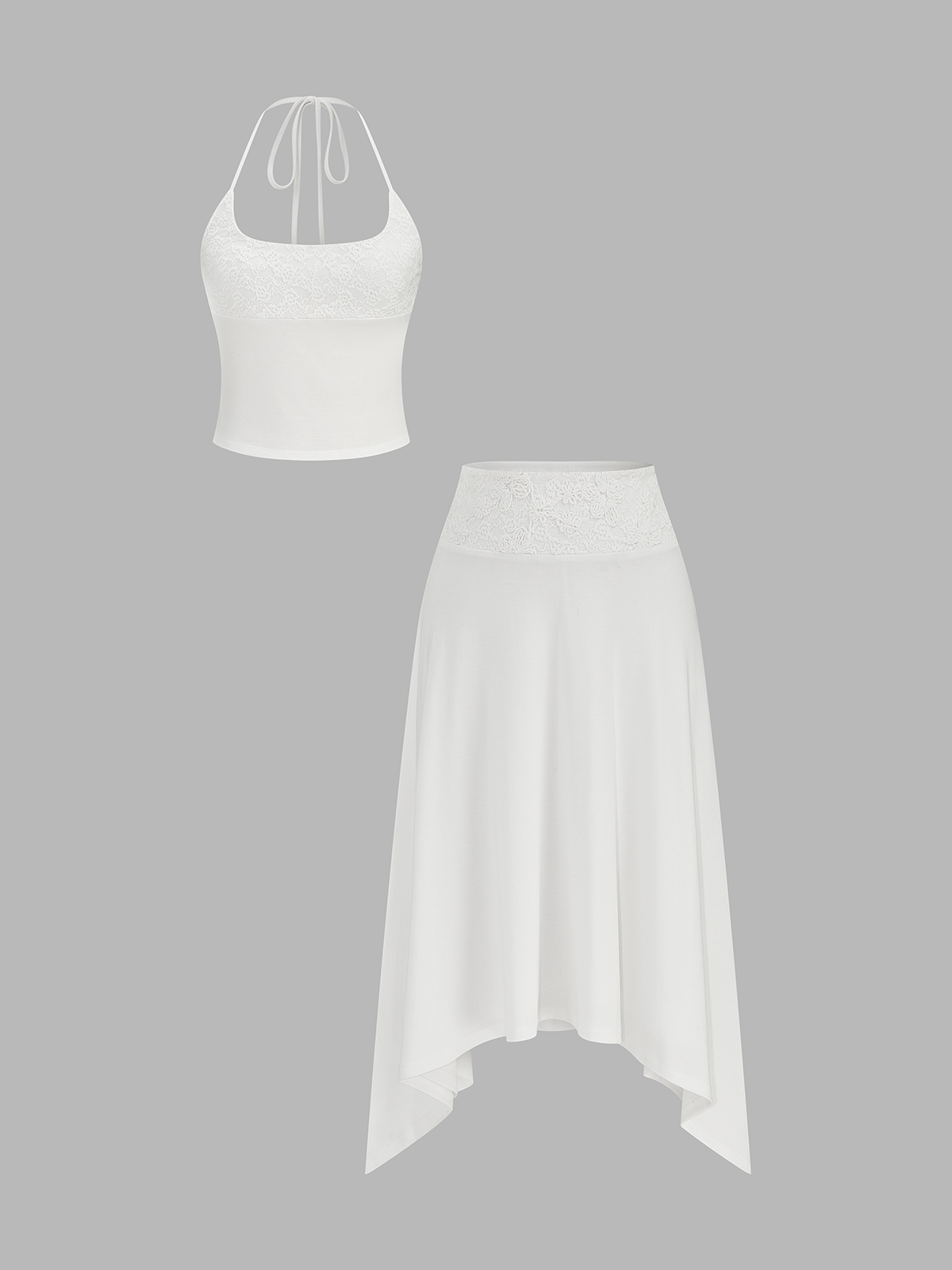 Spitzen-Neckholder-Crop-Top und asymmetrischer Midirock-Set