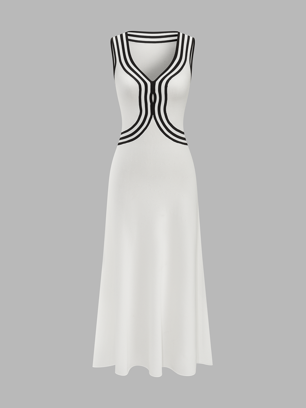 Robe longue en maille sans manches à col en V rayée