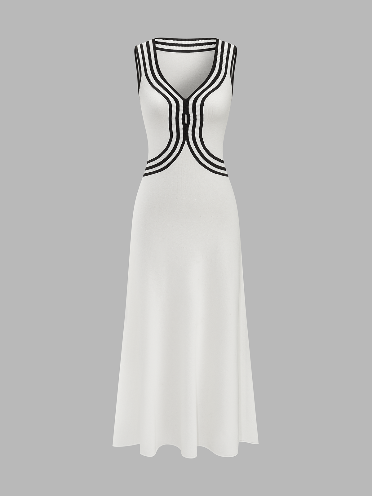 Robe longue en maille sans manches à col en V rayée