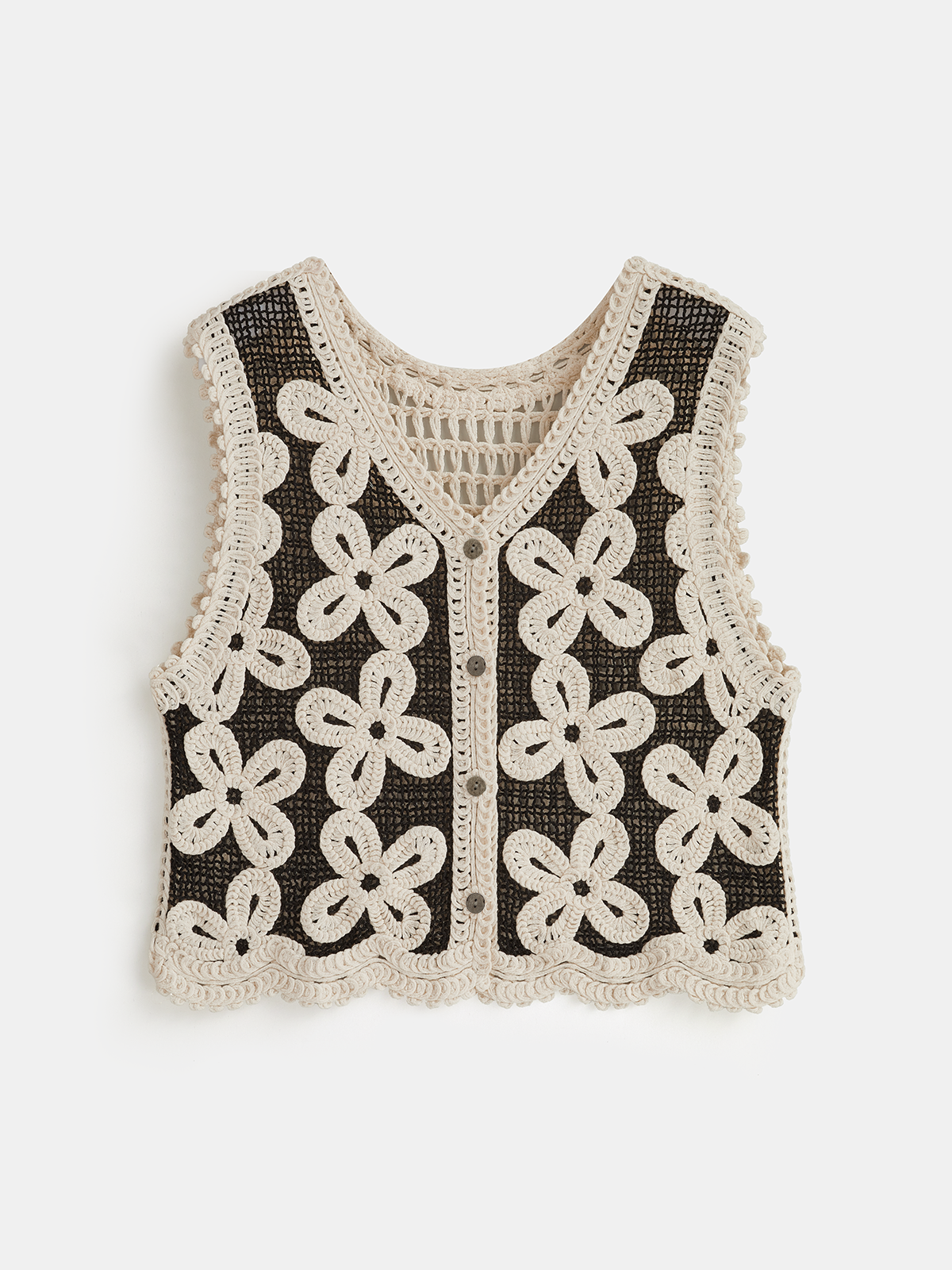 Gilet floral au crochet à col en V