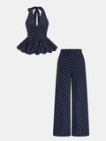 Ensemble top péplum et pantalon à pois en lin mélangé