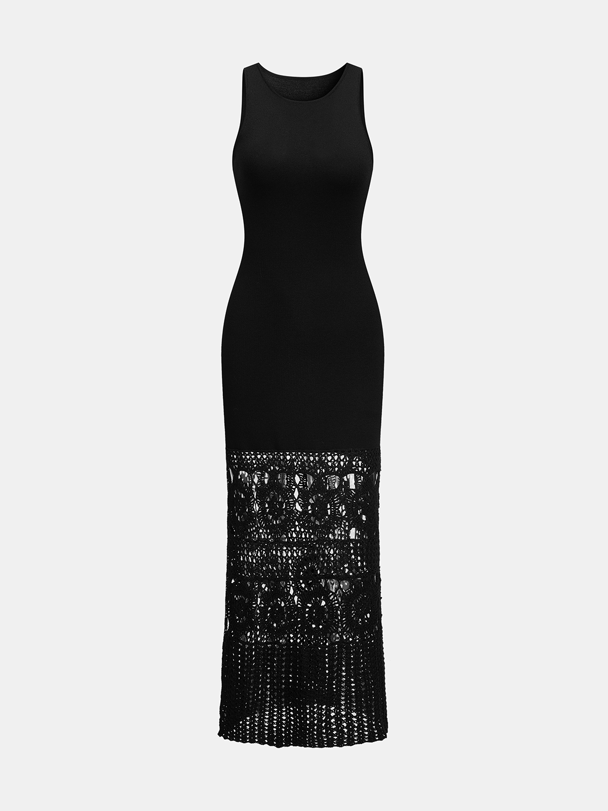 Ärmelloses Strick-Maxikleid mit gehäkeltem Saum und seitlichem Schlitz