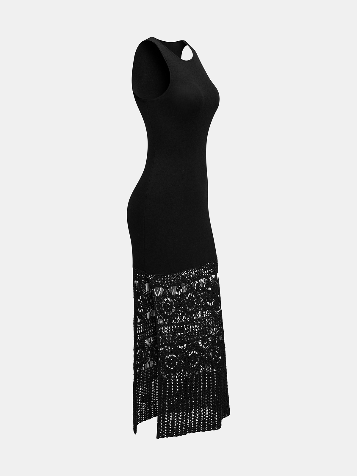 Ärmelloses Strick-Maxikleid mit gehäkeltem Saum und seitlichem Schlitz