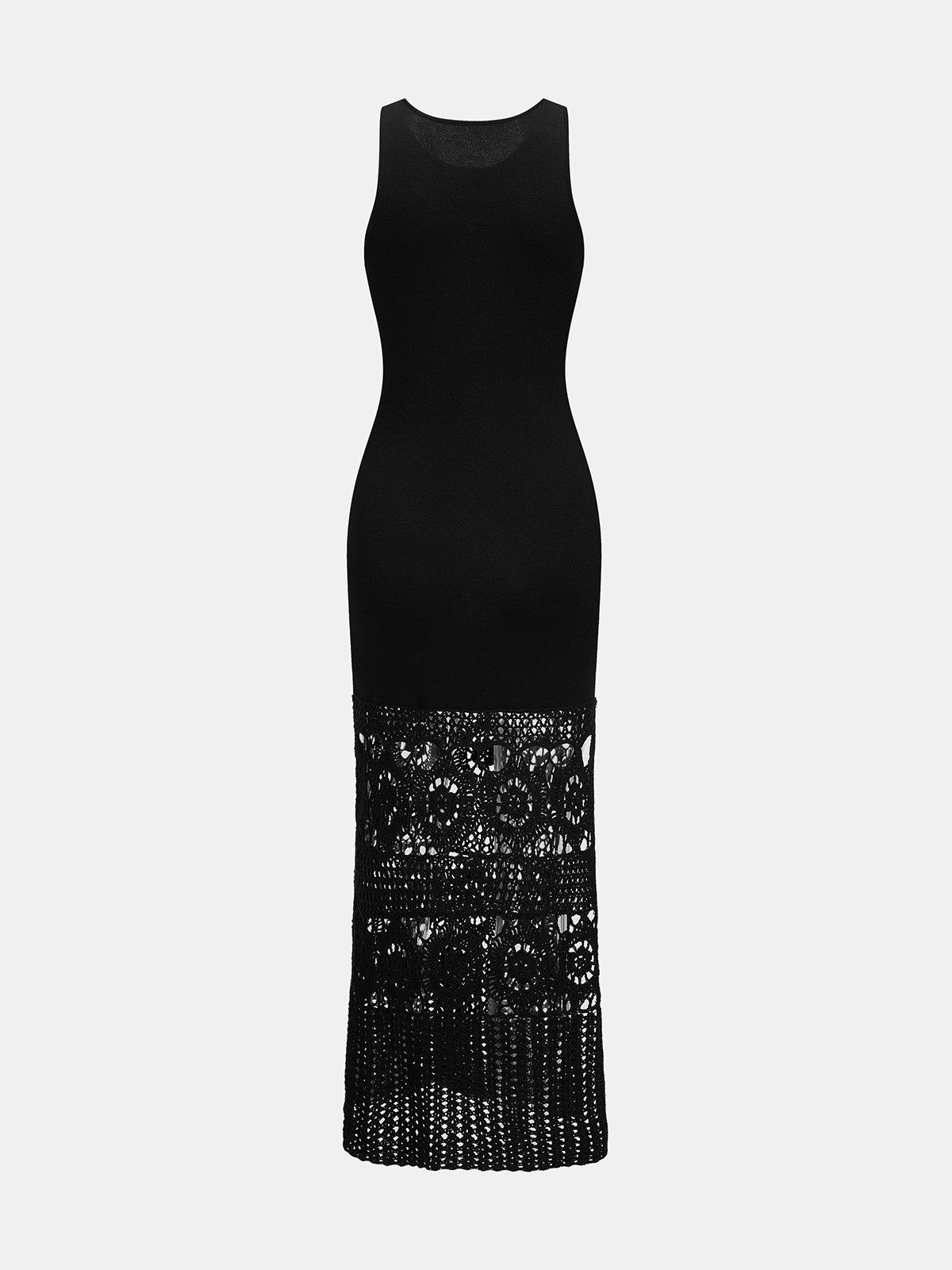 Ärmelloses Strick-Maxikleid mit gehäkeltem Saum und seitlichem Schlitz