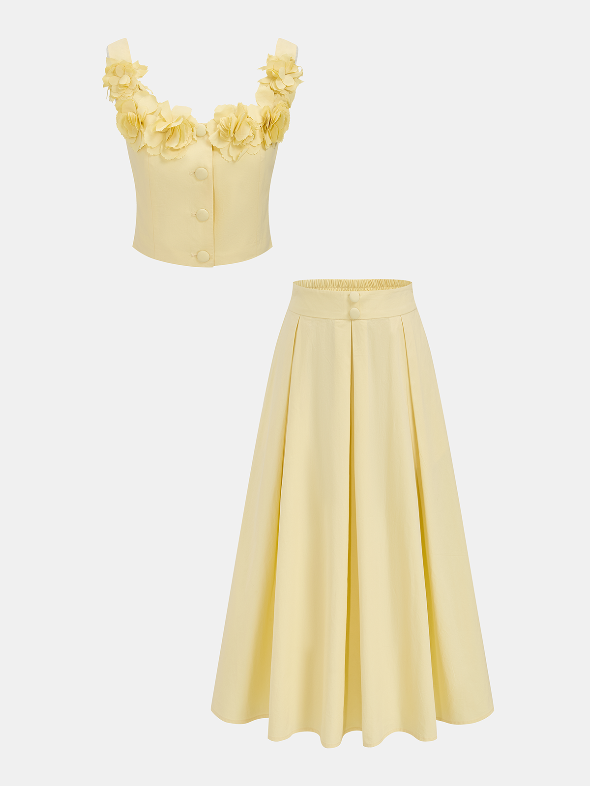 Ensemble top court floral 3D et jupe midi plissée