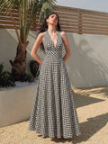Robe longue licou en mélange de coton vichy