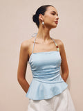 Bead Detail Tencel Ruched Halter Peplum Top